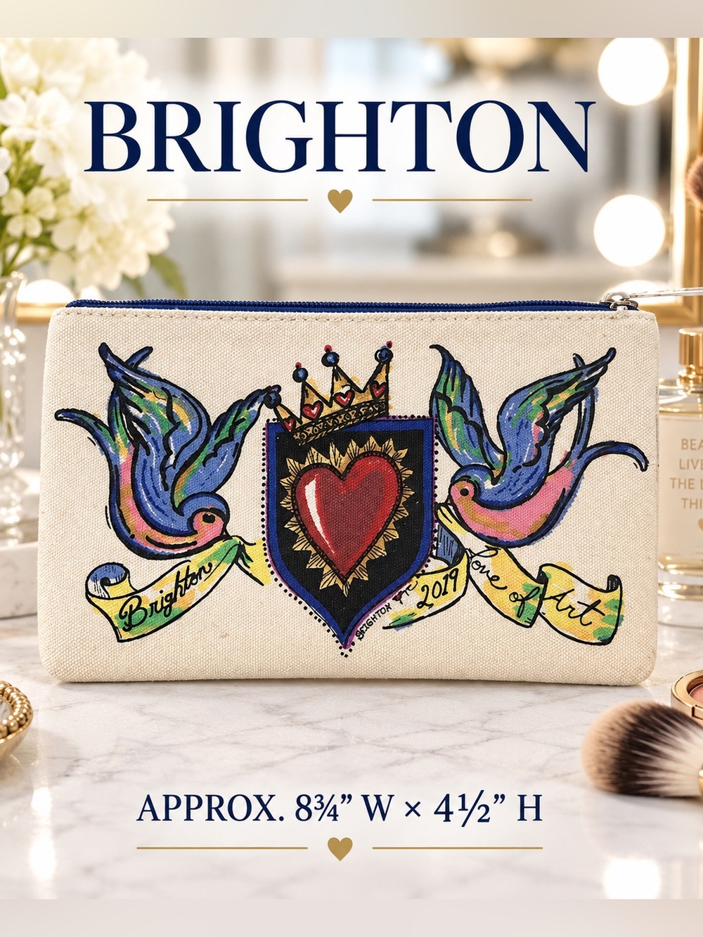 NWOT Brighton Cream Canvas Pouch with Colorful Heart & Doves
